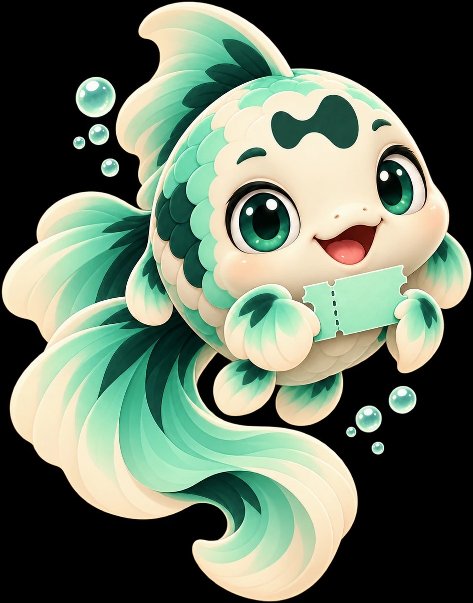 Kiko, the Hyperluck koi, holding a ticket